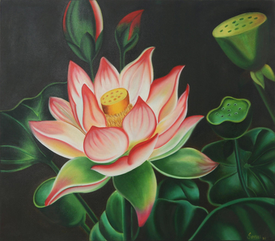 Signed Unstretched Impressionist Oil Painting of Lotus Bloom