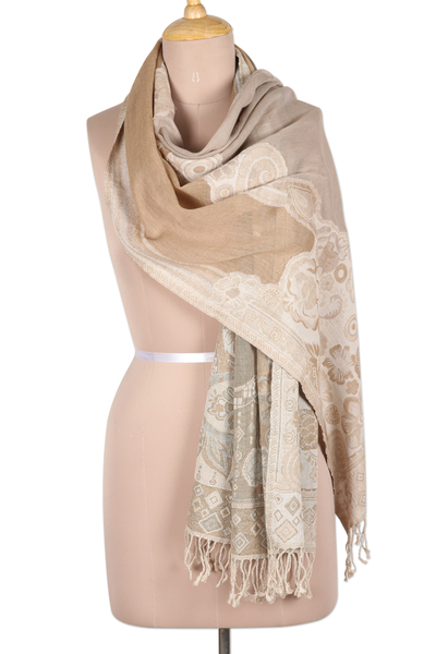 Cotton & Wool Shawl with Paisley Pattern Woven in India