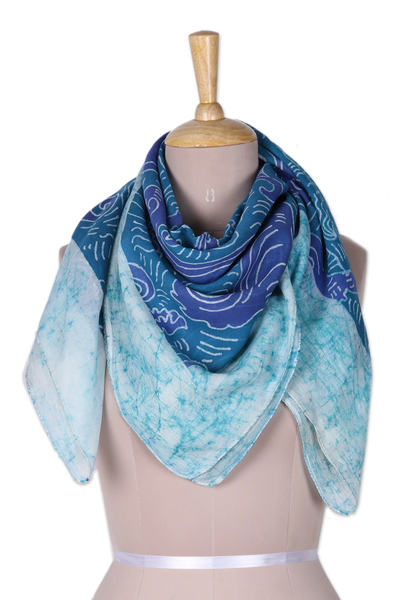 Cotton Shawl with Blue Batik Pattern from India
