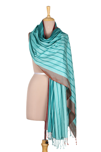 Handloomed Teal Silk Shawl with Striped Pattern