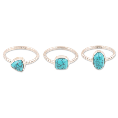 Set of 3 Sterling Silver Recon Turquoise Solitaire Rings