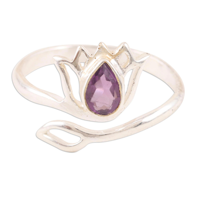 Amethyst and Sterling Silver Lotus Wrap Ring from India