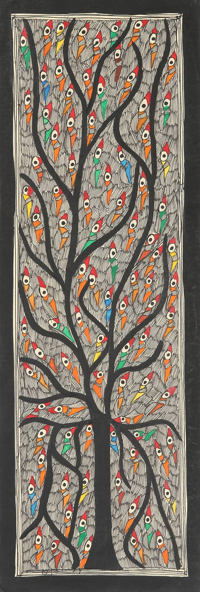 Signed Madhubani Painting with Colorful Birds