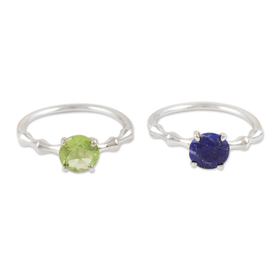 Pair of Lapis Lazuli and Peridot Solitaire Rings from India