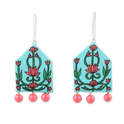 Ceramic Floral Dangle Earrings with Hand-Painted Details