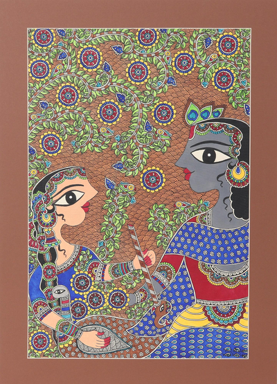 Krishna & Radha Madhubani Painting on Paper from India