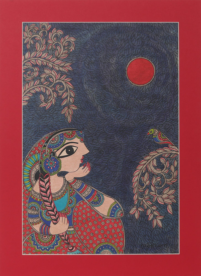 Woman & Bird Madhubani Painting on Handmade Paper from India