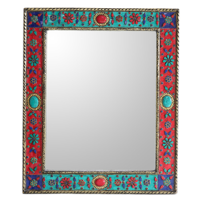 Mango Wood and Brass Wall Mirror with Floral Details