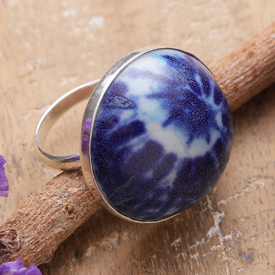 Blue Ceramic and Sterling Silver Cocktail Ring from India