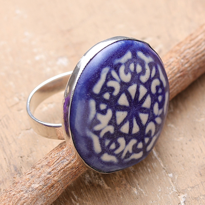 Modern Floral Ceramic Cocktail Ring in Blue and White