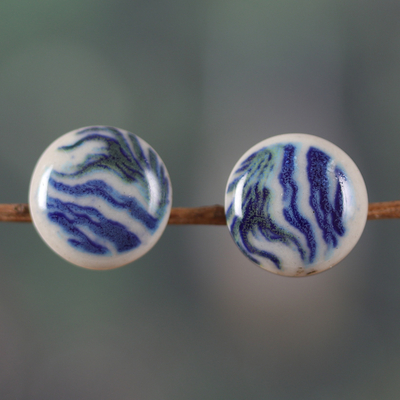 Hand-Painted Ceramic Button Earrings with Blue Wavy Patterns