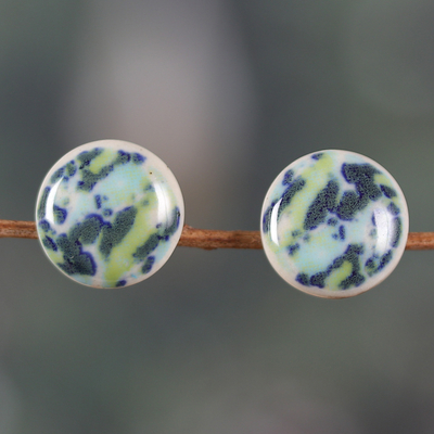 Hand-Painted Colorful Ceramic Button Earrings from India