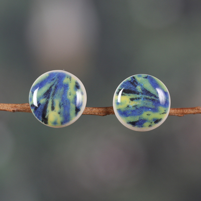 Hand-Painted Ceramic Button Earrings with 925 Silver Posts