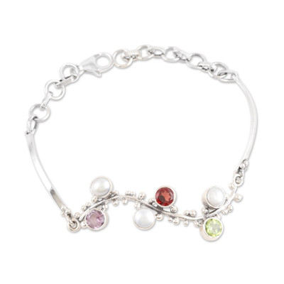 Multi-gemstone and Pearl Sterling Silver Pendant Bracelet