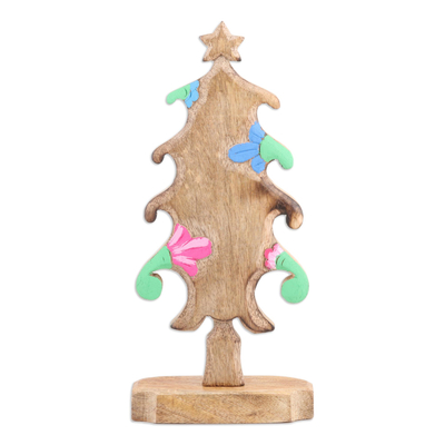 Hand-Carved Christmas Tree Sculpture with Colorful Blooms