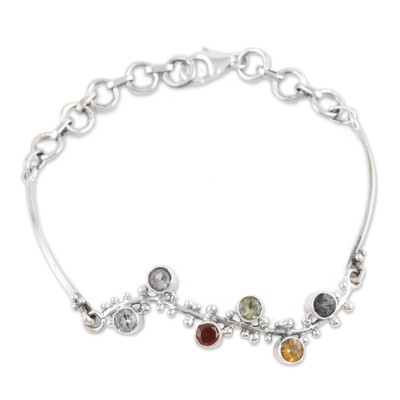 Multi-Gemstone Sterling Silver Pendant Bracelet from India