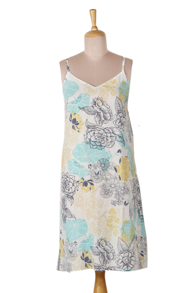 Cotton Nightgown with Adjustable Straps and Floral Motif