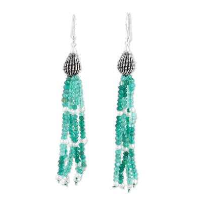 Waterfall Earrings with Cultured Pearl and Green Onyx Stones