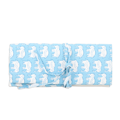 Cotton Roll Pencil Case with Hand-Block Printed Elephants