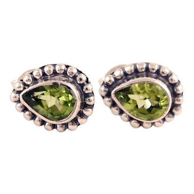 Sterling Silver Stud Earrings with Pear-Shaped Peridot Gems