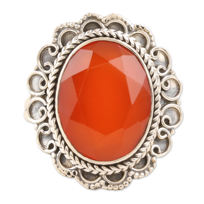 Sterling Silver and Faceted Carnelian Single Stone Ring