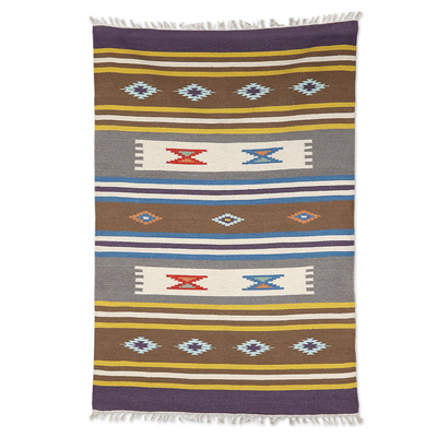 Handloomed Purple Wool Area Rug with Striped Pattern (4x6)