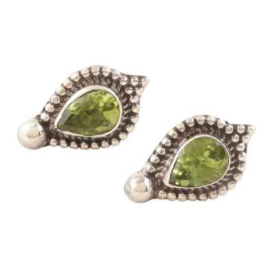 Sterling Silver Button Earrings with Faceted Peridot Stones