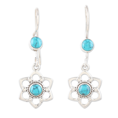 Floral Sterling Silver Dangle Earrings with Recon Turquoise