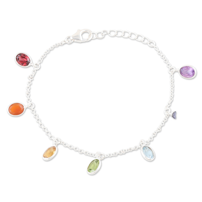 Sterling Silver Charm Bracelet with Faceted Gemstones
