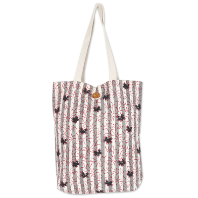 Leafy Block-Printed Cotton Tote Bag in Red and Grey