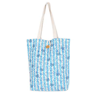Leafy Block-Printed Cotton Tote Bag in Cyan and Turquoise
