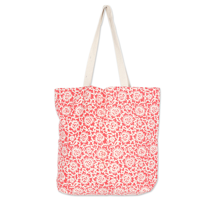 Strawberry Cotton Tote Bag with Floral Block-Printed Design