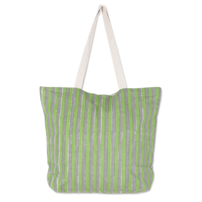 Striped Cotton Tote Bag with Block-Printed Pattern in Green