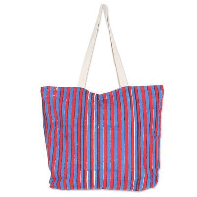 Striped Cotton Tote Bag with Block-Printed Pattern in Blue