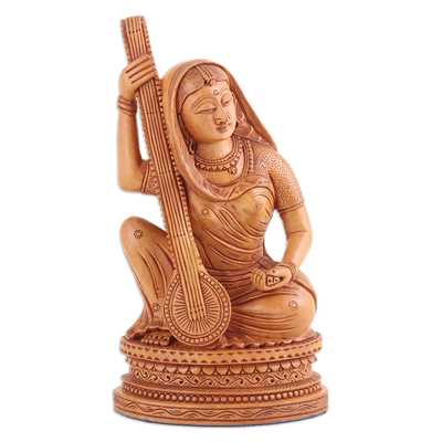 Wood Sculpture of Meera Mirabai Hand-Carved in India