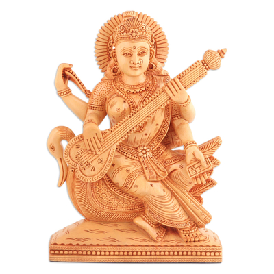 Wood Sculpture of Goddess Saraswati Hand-Carved in India