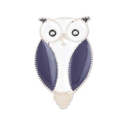 Blue Owl-Themed Sterling Silver Brooch Pin from India