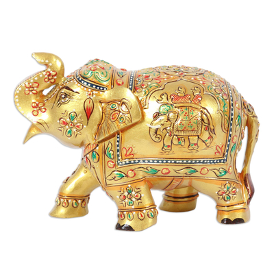 Wood Figurine of Golden Elephant Hand-Painted in India