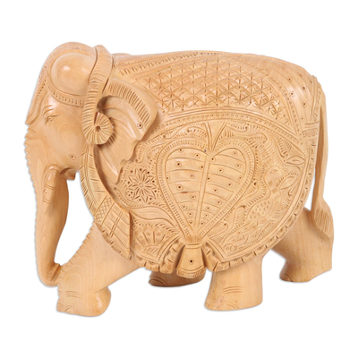 Wood Sculpture of Elephant in Robes Hand-Carved in India