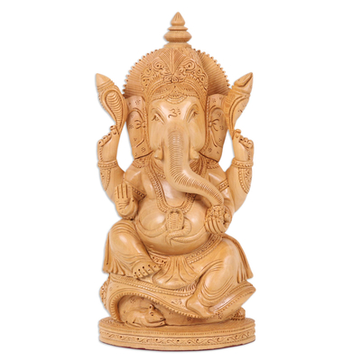 Wood Sculpture of Hindu God Ganesha Hand-Carved in India