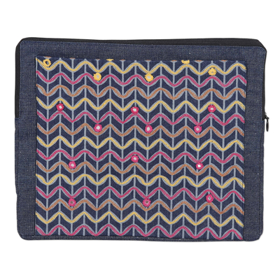 Cotton Tablet Sleeve in Navy and with Embroidered Details