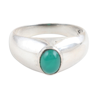 Sterling Silver Single-Stone Ring with Green Onyx Cabochon