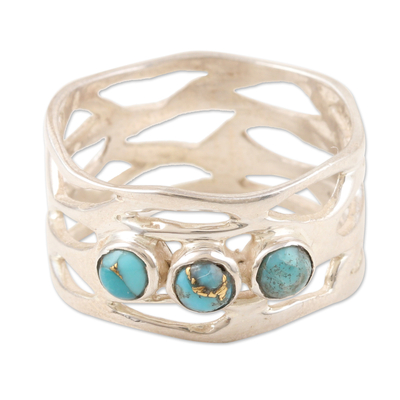 Sterling Silver Band Ring with Three Recon Turquoise Stones