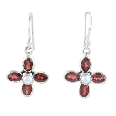 Sterling Silver Dangle Earrings with Garnet Gems and Pearls