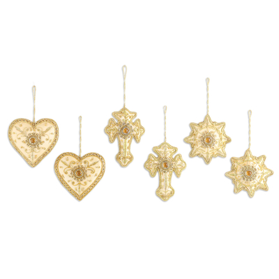 Gold Embroidered and Beaded Christmas Ornaments (Set of 6)