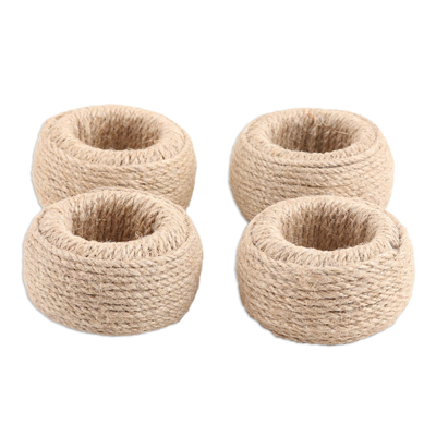 Set of 4 Handcrafted Brown Jute Napkin Rings from India