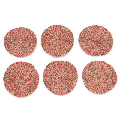 Set of 6 Red Jute Coasters with Laminated Backs