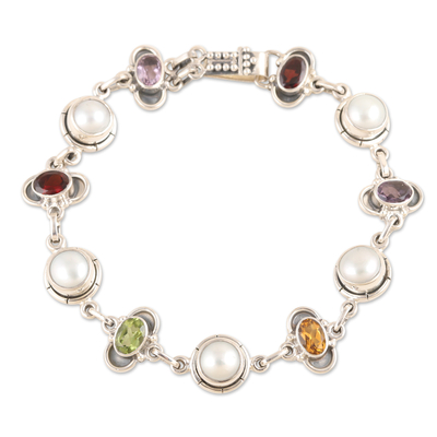 Link Bracelet with Faceted Gemstones and Cultured Pearls