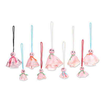 Set of 9 Embroidered Viscose Doll Holiday Ornaments in Pink
