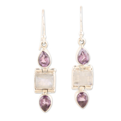 6-Carat Amethyst and Rainbow Moonstone Dangle Earrings